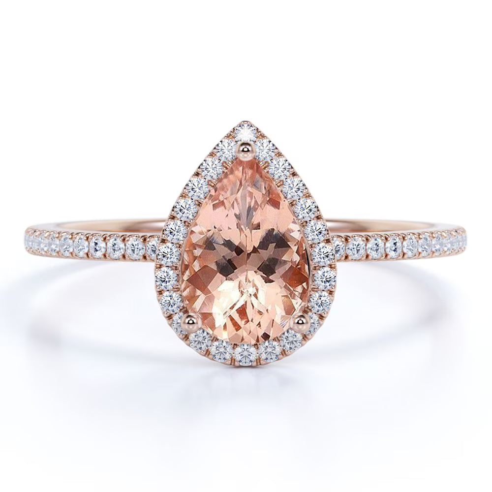 Pear Cut Peach Pink Morganite Halo Engagement Ring in 18k Rose Gold over Silver O605
