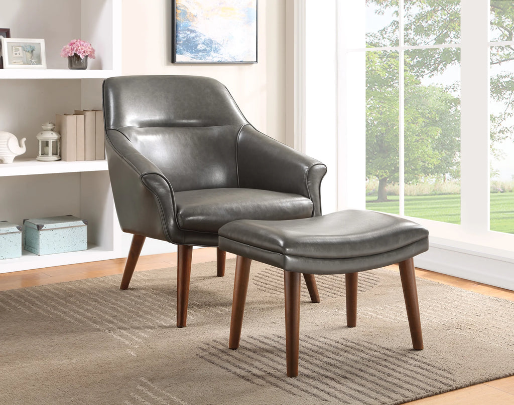 Pewter Gray Faux Leather Chair and Ottoman with Medium Espresso Legs Z54108