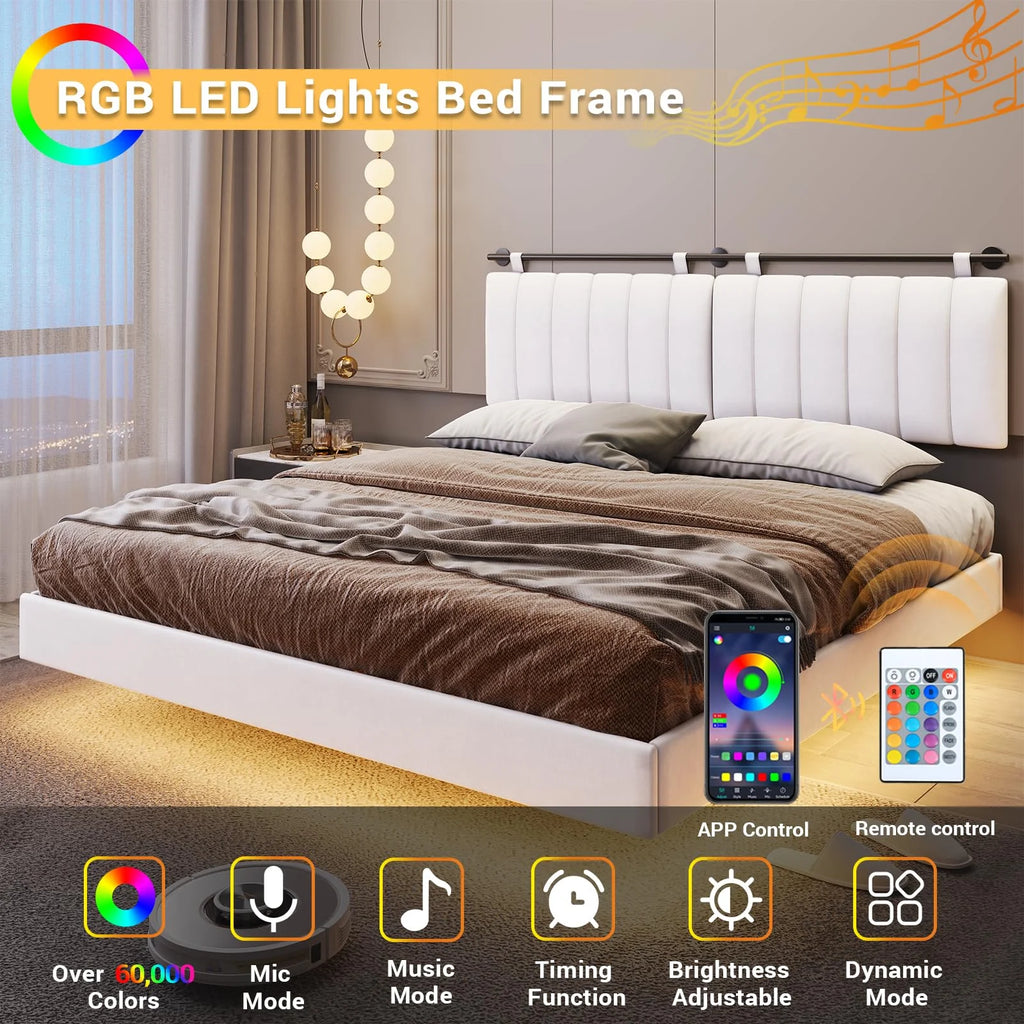Queen Floating Bed Frame with LED Lights and Wall Mounted Headboard O3741