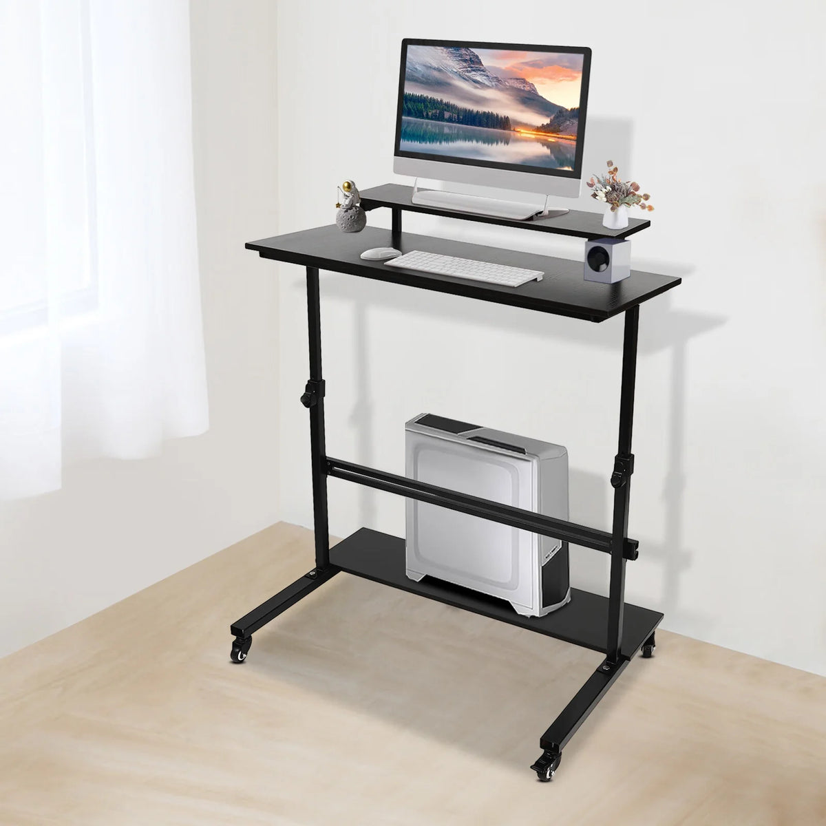 Rolling Laptop Desk Stand Up Workstation with 2 Shelves Adjustable Height S2205