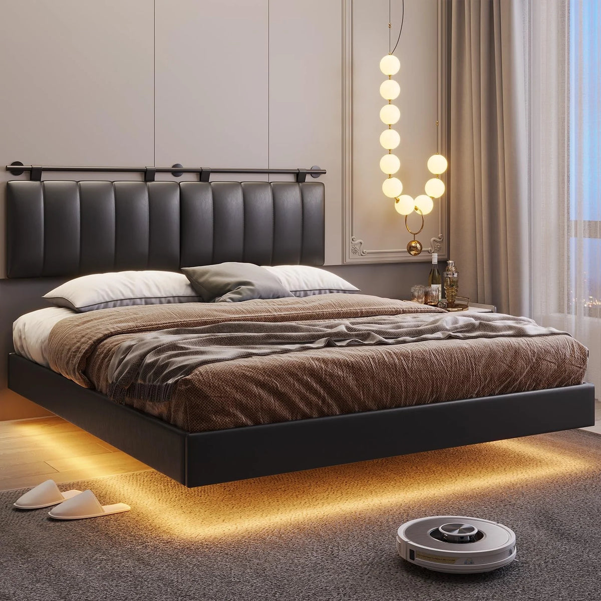 Queen Floating Bed Frame with LED Lights and Wall Mounted Headboard O3741