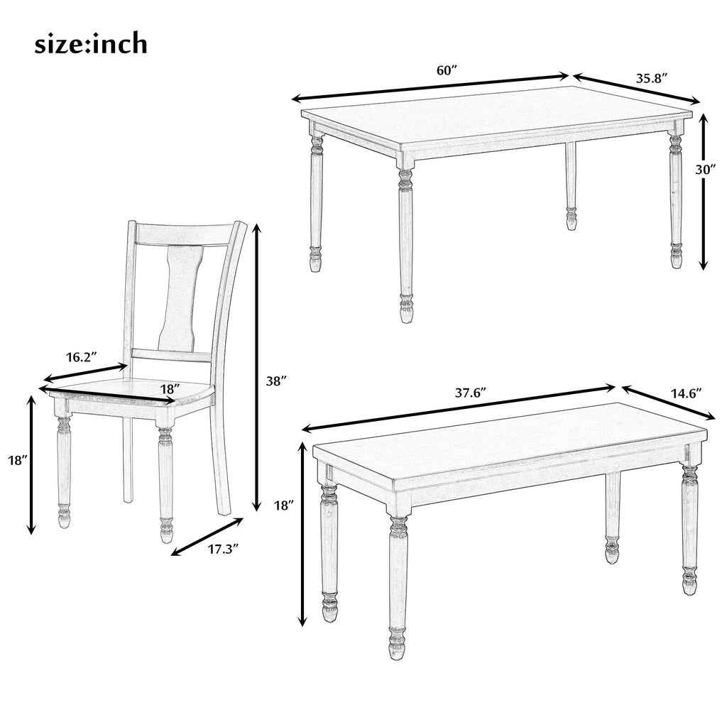 6pc Wooden Dining Set with Table Chairs and Bench T7538