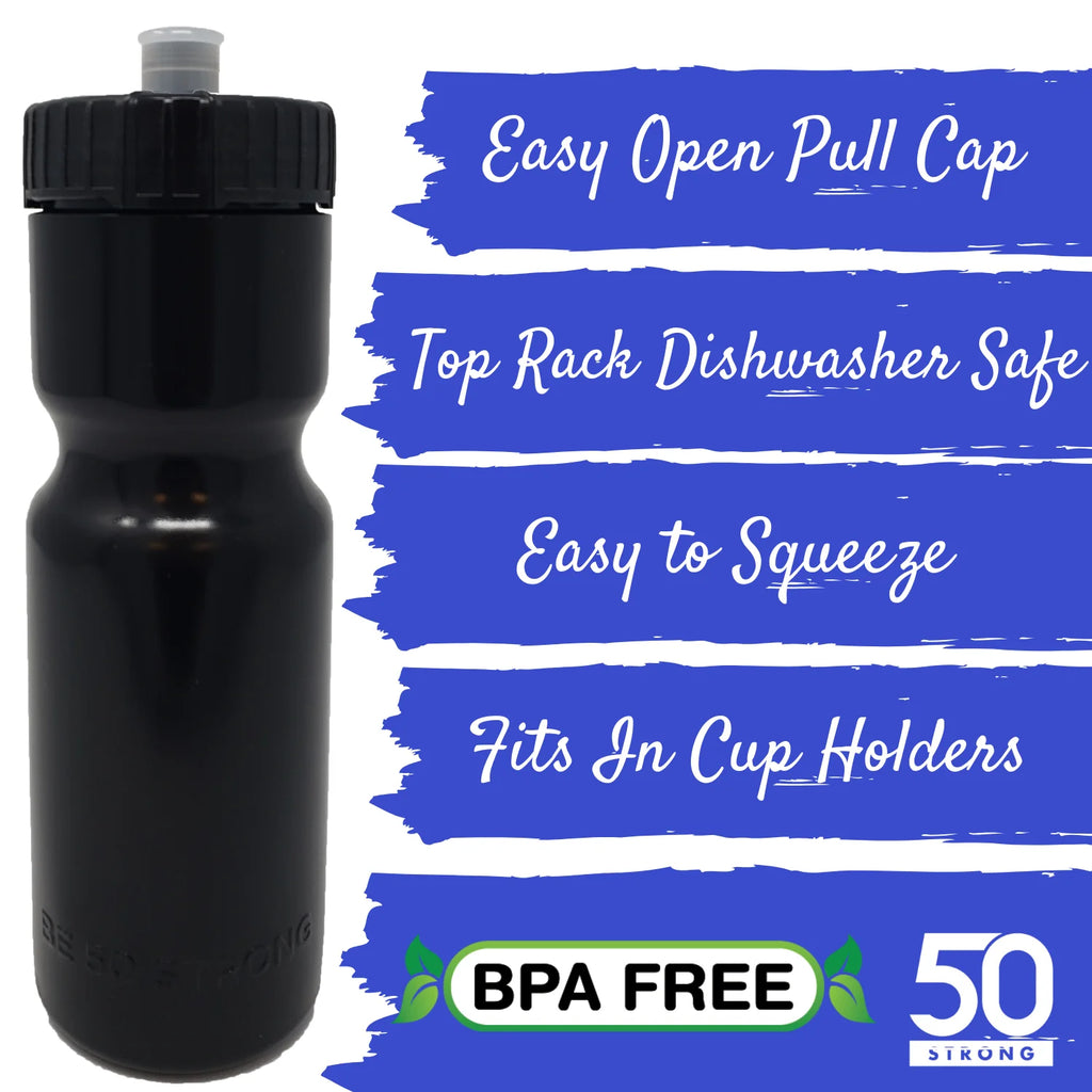 50 Strong Sports Squeeze Water Bottle 2 Pack - 22 oz. BPA Free Easy Open Push/Pull Cap - Fits in Most Bike Cages R6562