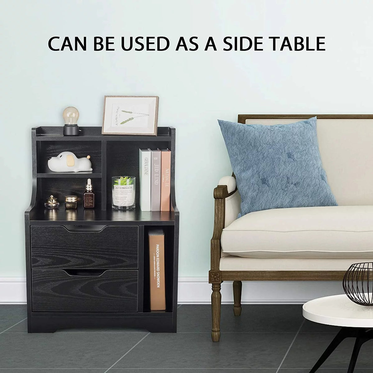 Black Wooden Bedside Table with 2 Drawers X1031