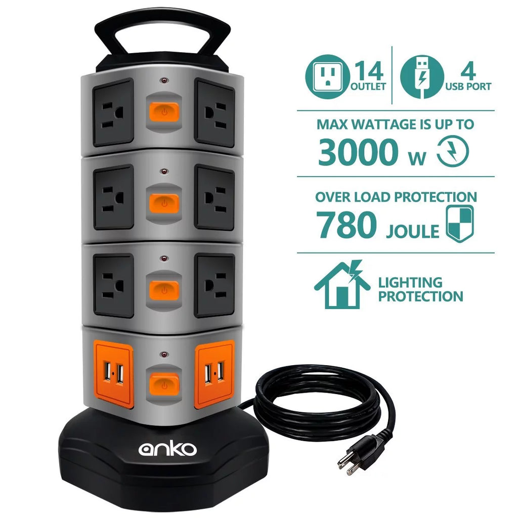 3000W 14 Outlet 4 USB Power Strip Tower T677