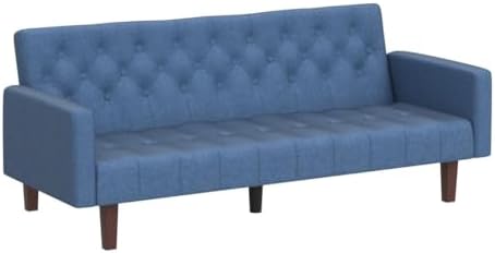 Blue Tufted Linen Convertible Futon Sofa Bed Twin Size with Solid Wood Legs O182290
