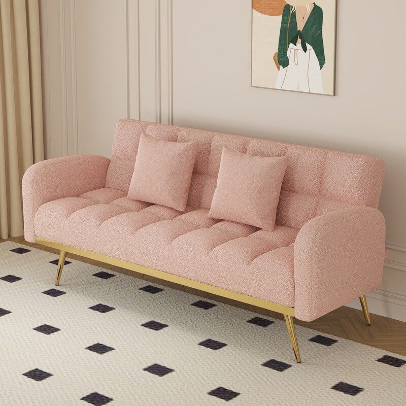 Pink Teddy Velvet Sofa Bed with Throw Pillows I30030