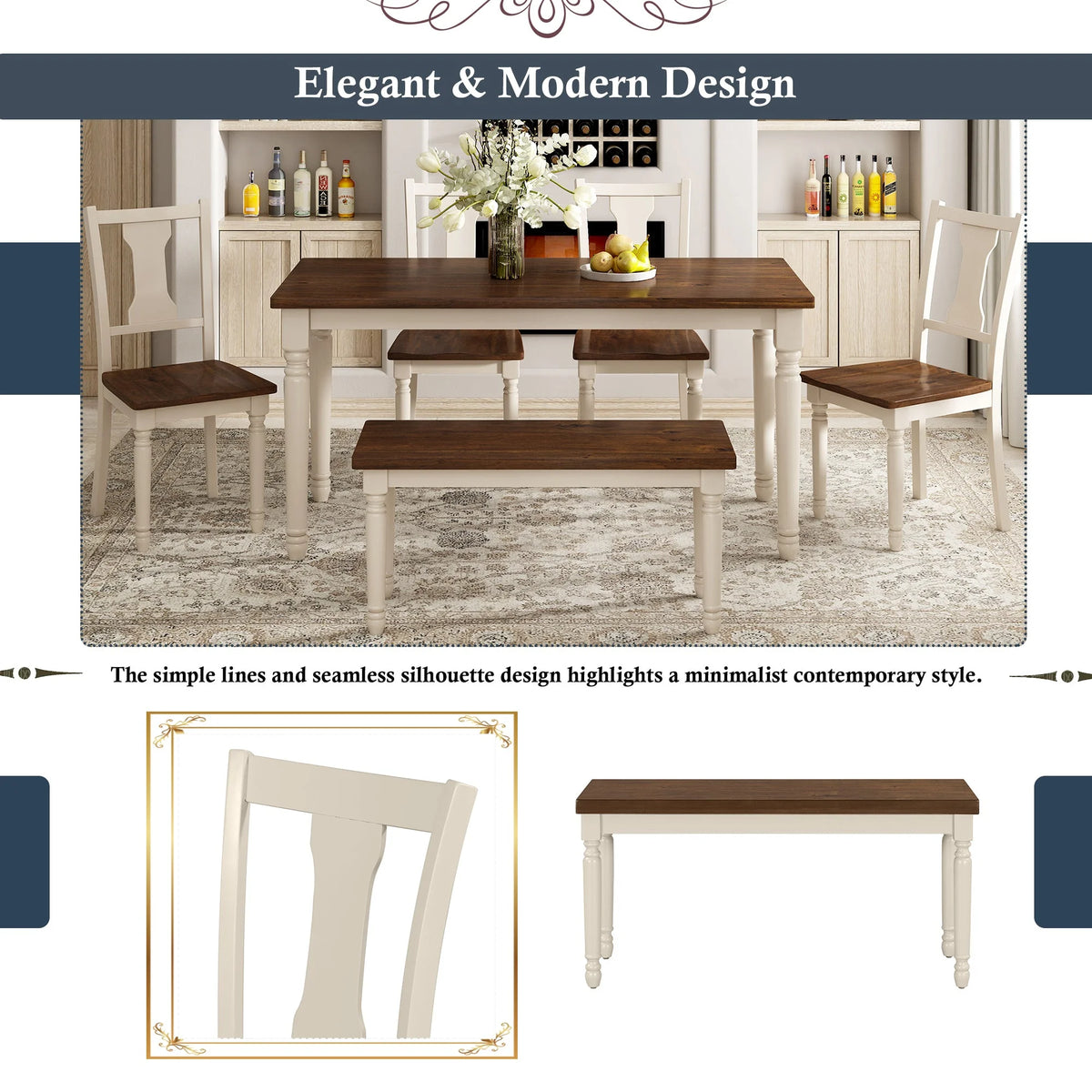 6pc Wooden Dining Set with Table Chairs and Bench T7538