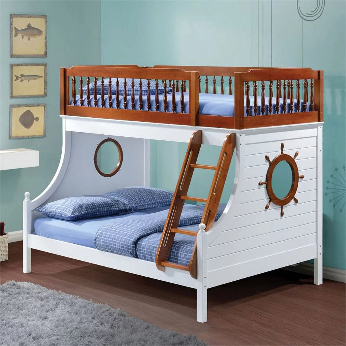 Oak and White Twin Over Full Bunk Bed with Ladder and Guard Rail Y5841
