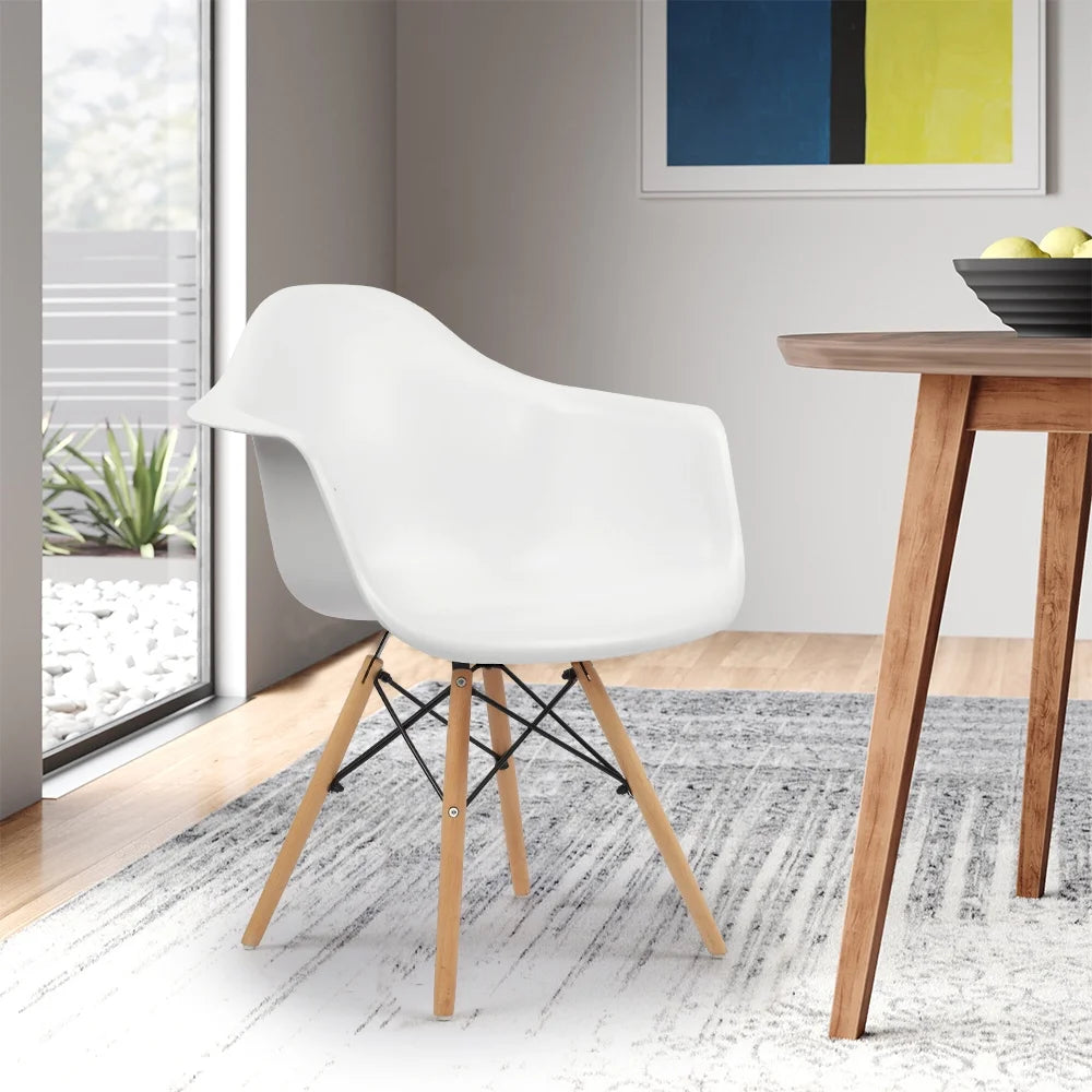 White Plastic Chair with Arms and Wooden Legs, Set of 4 I4032