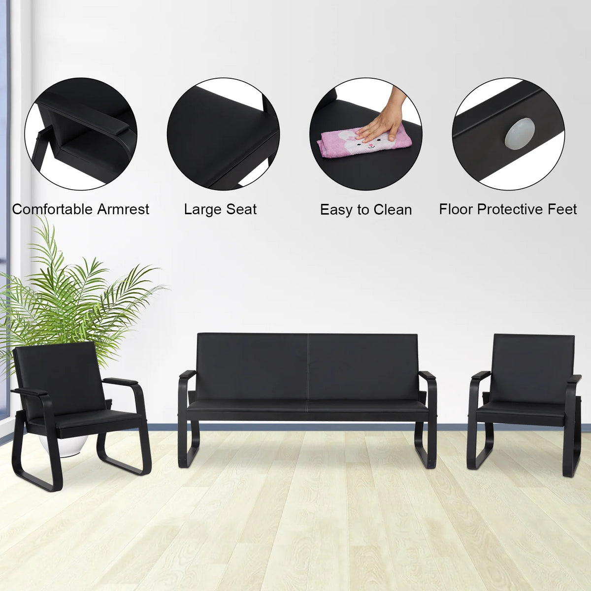Black Leather Guest Reception Chairs with Steel Frame O939