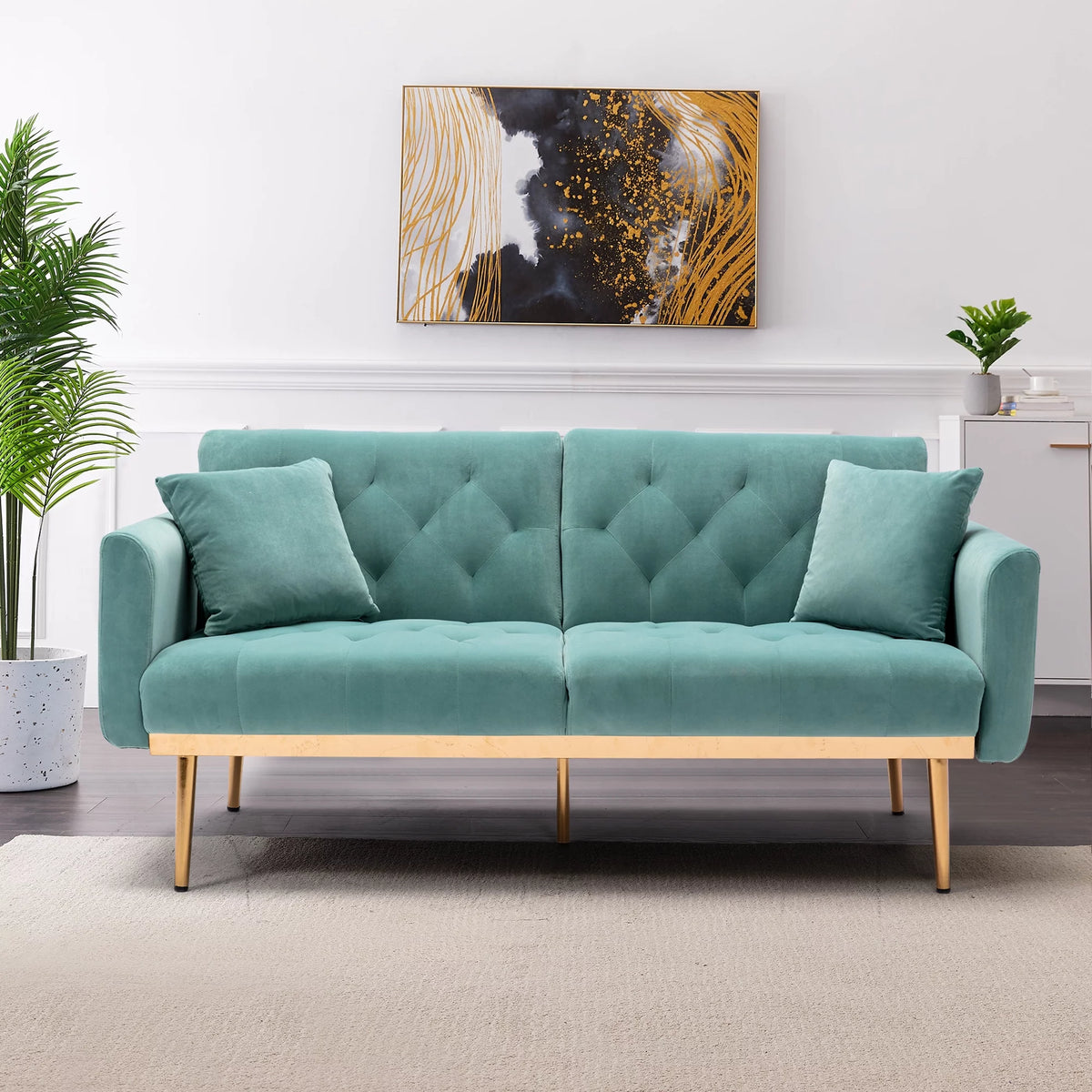 Mint Green Velvet 2-Seater Convertible Sofa Bed R365