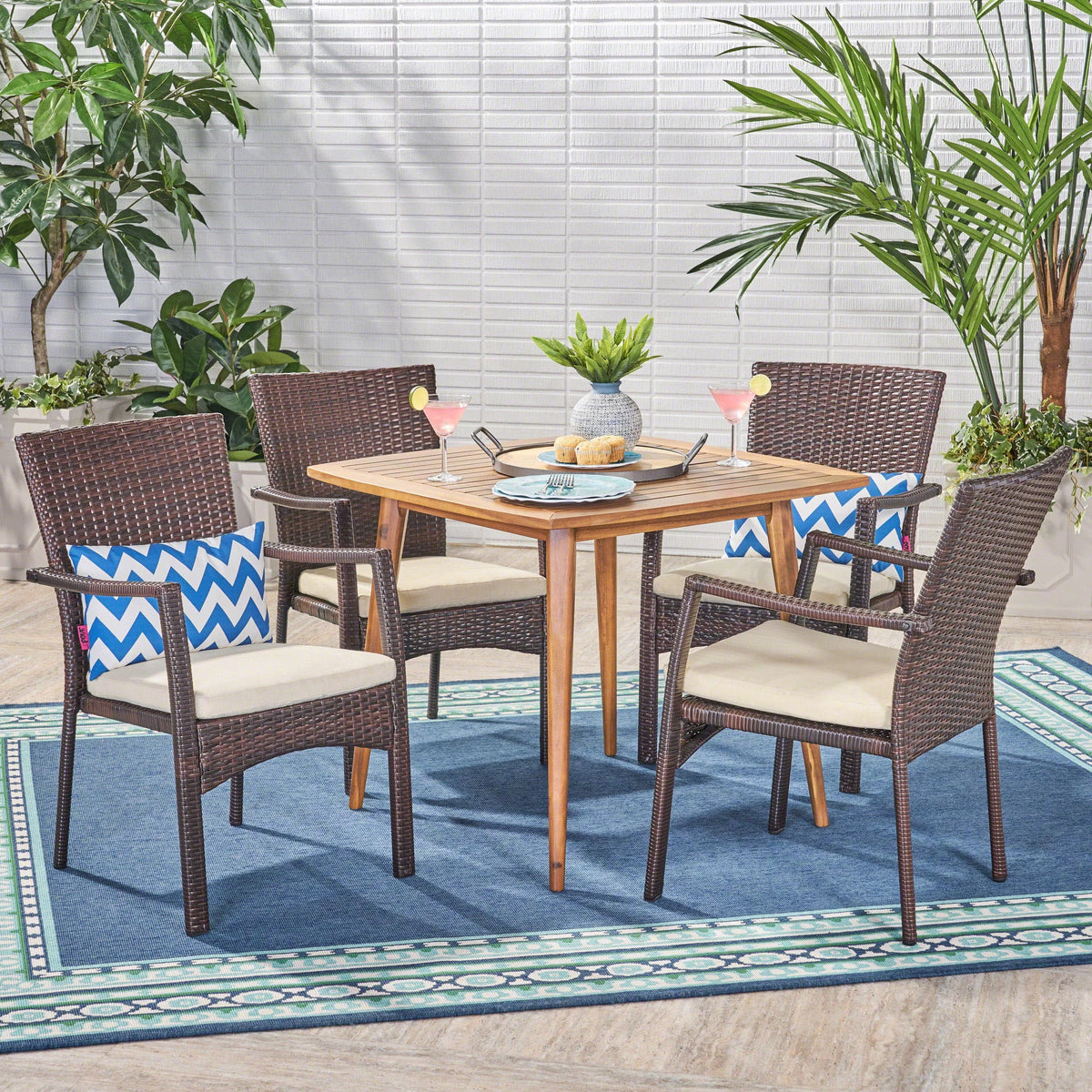 5 Piece Wicker and Acacia Wood Dining Set F34013