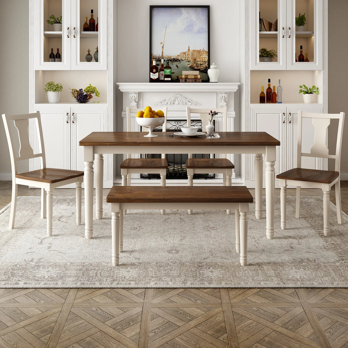 6pc Wooden Dining Set with Table Chairs and Bench T7538