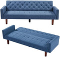 Blue Tufted Linen Convertible Futon Sofa Bed Twin Size with Solid Wood Legs O182290