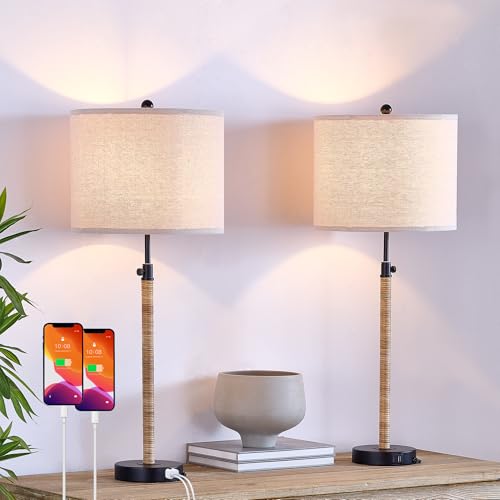 Rattan Buffet Table Lamp Set of 2 Adjustable with USB Ports R535749