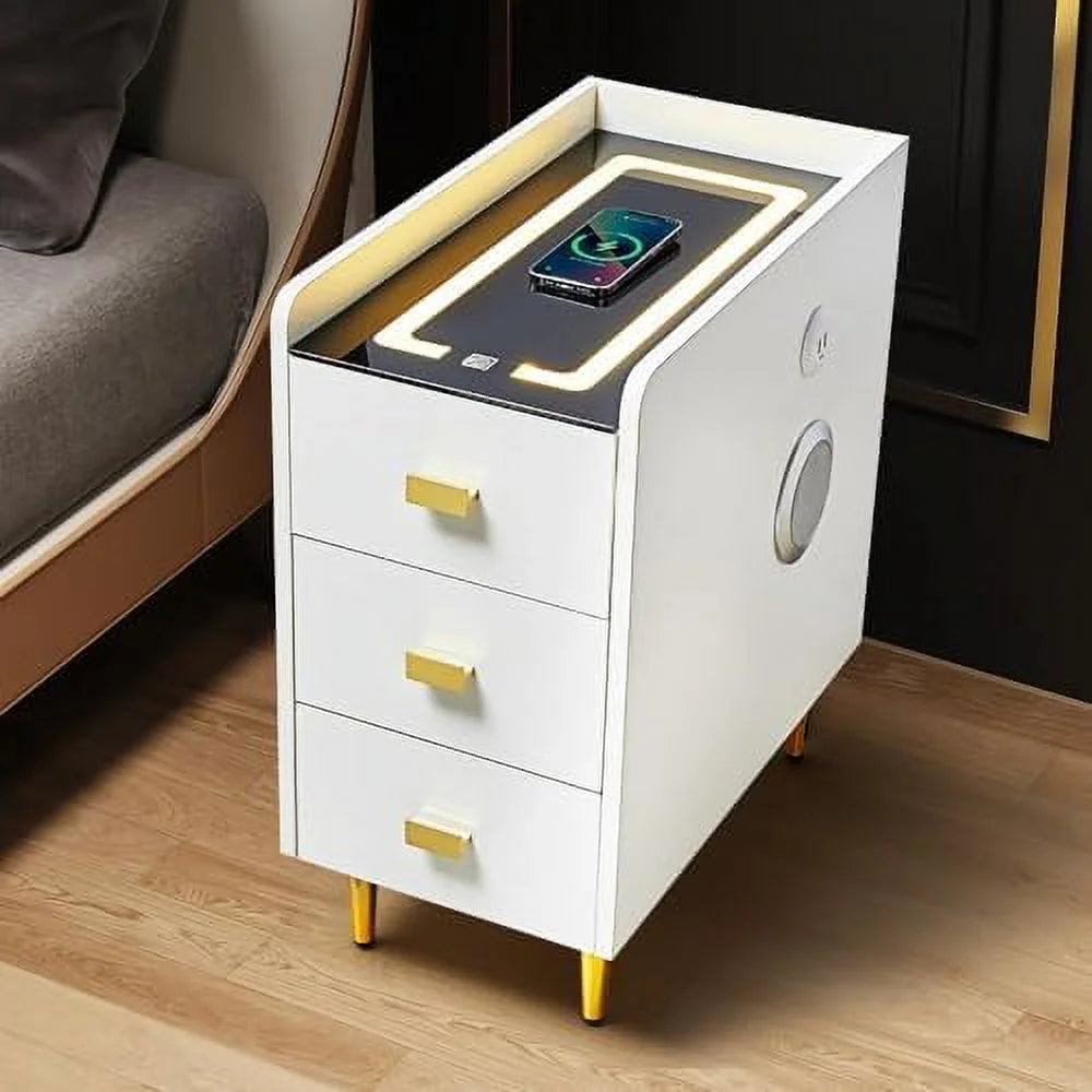 LED Nightstand with Wireless Charging Station White 3 Drawers V46853