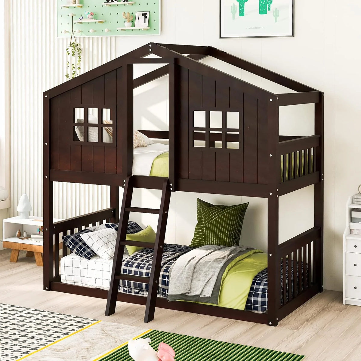 Espresso Wood House Bed with Ladder and Guard Rail D6880