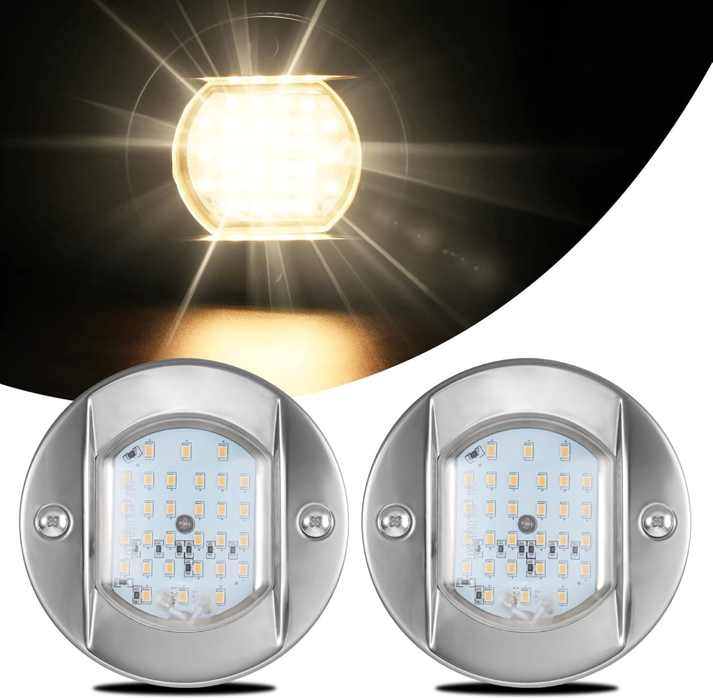 4 Round Marine Courtesy Indicator Lights, 1800LM 30LED IP68 Boat Transom Light Surface Mount Waterproof, 316 Stainless Steel, 2Pcs Cool White I651904