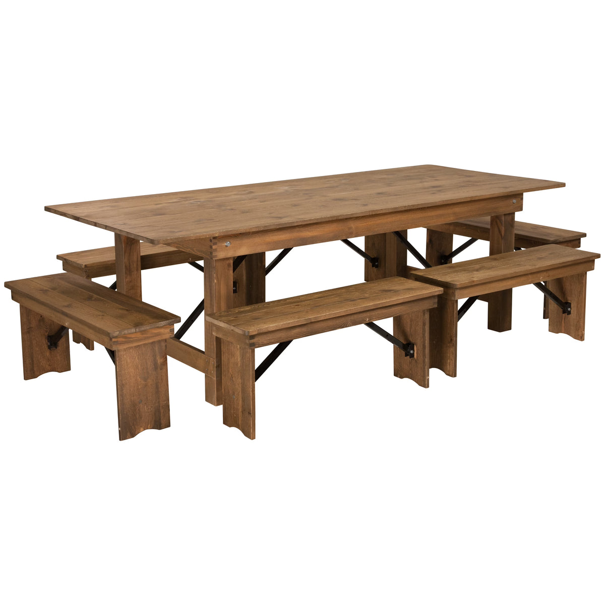 Antique Rustic Folding Farm Table and Six Bench Set H684084