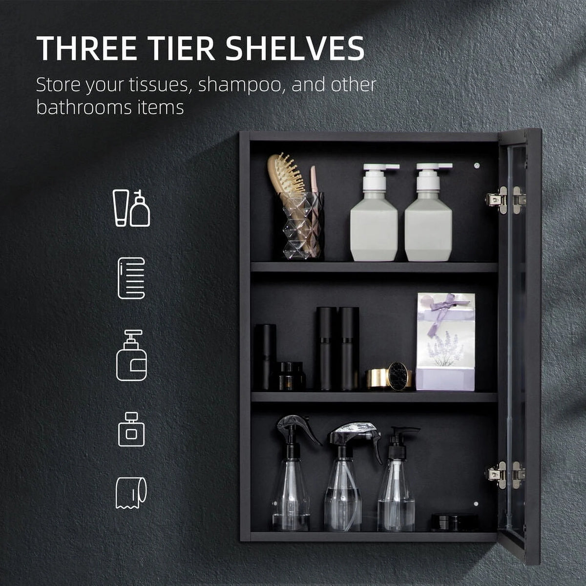 Black Bathroom Mirror with Storage Shelves U8075