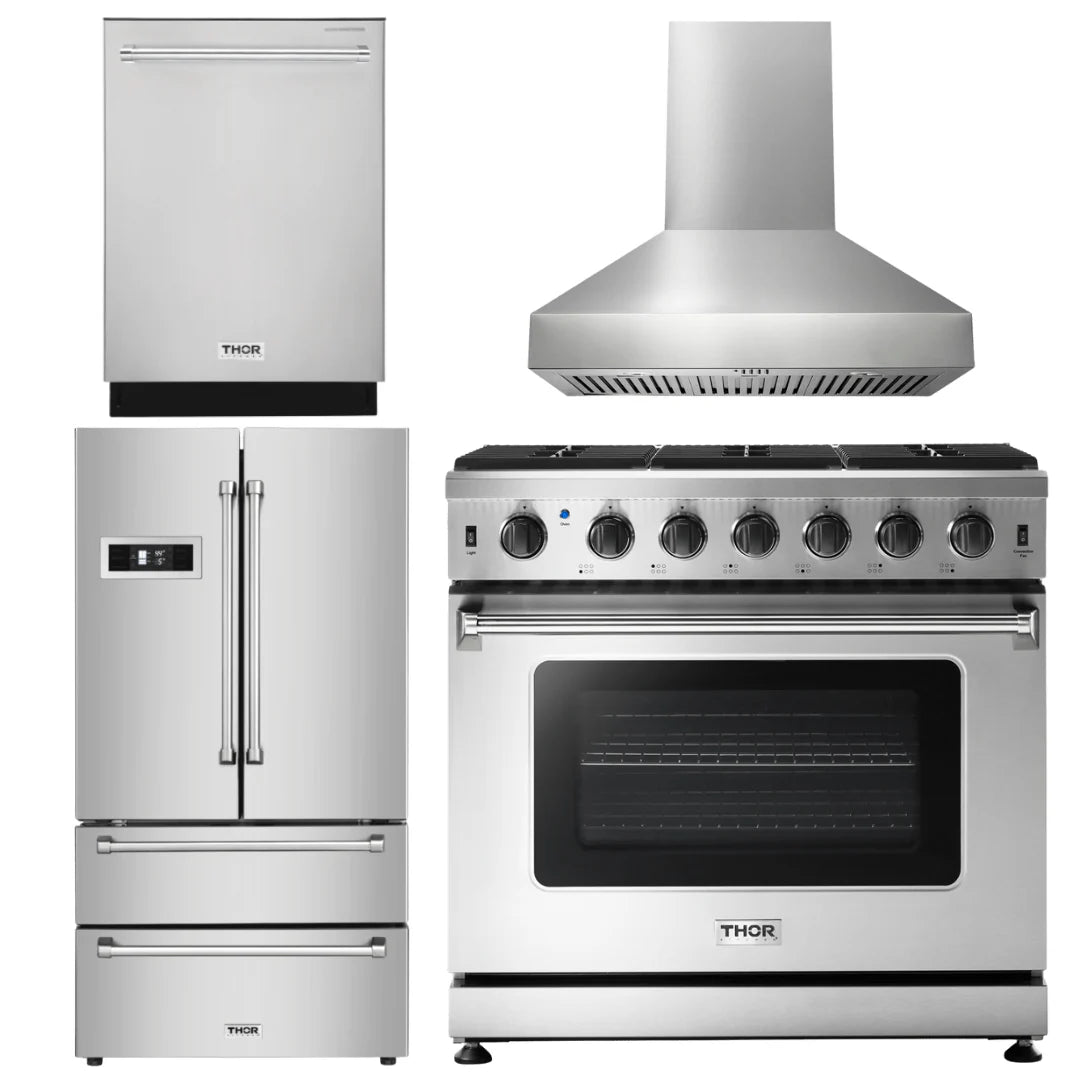 36 Inch Propane Gas Range, Range Hood, Refrigerator, Dishwasher V477