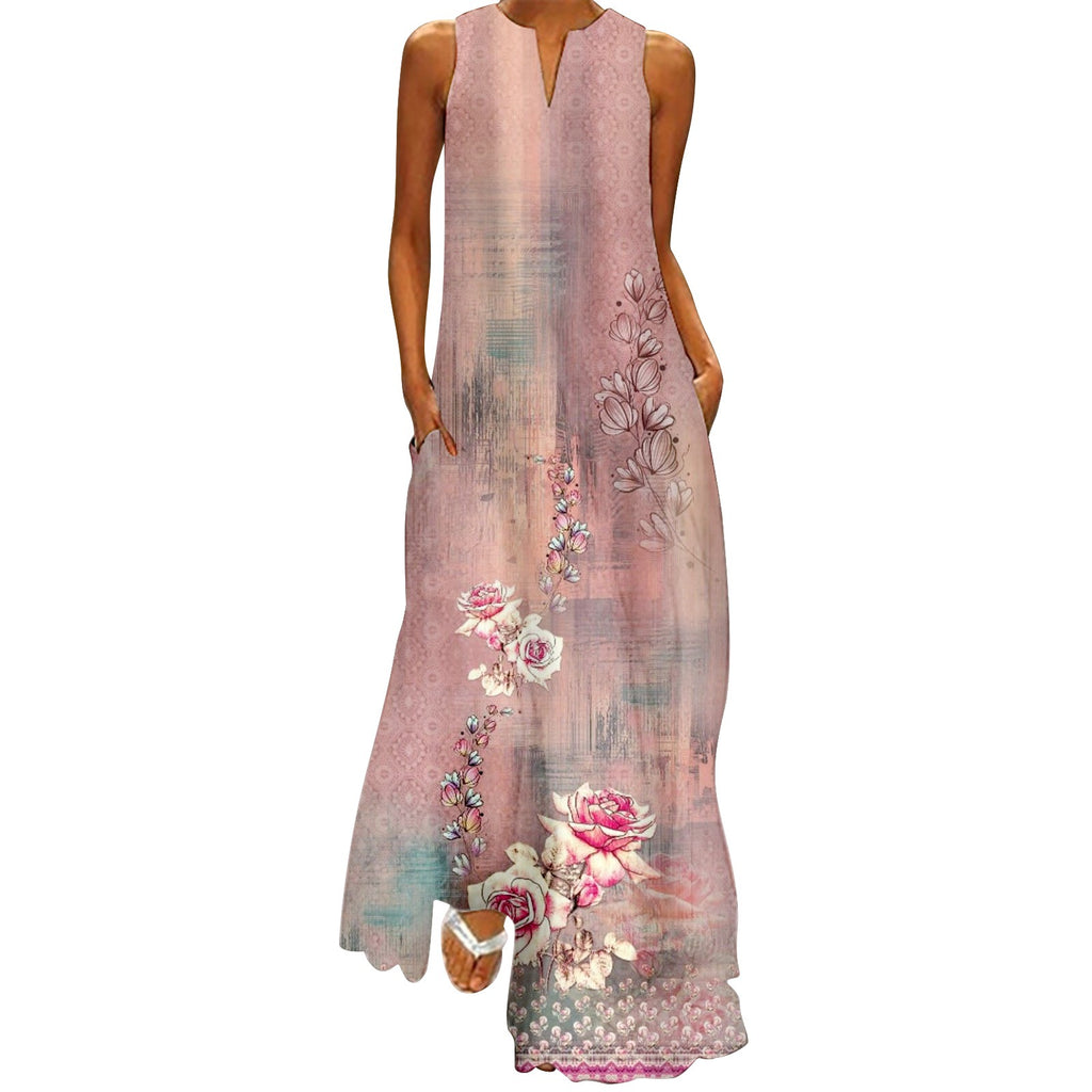 Plus Size Sleeveless Print V Neck Loose Long Sundress with Pockets F207