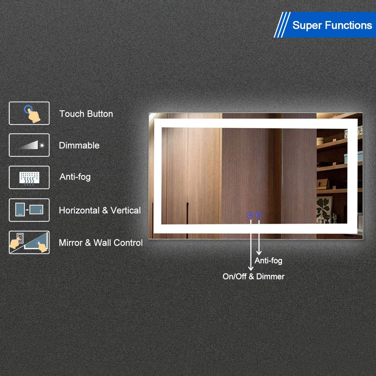 Dimmable LED Bathroom Mirror with Anti-Fog and Bluetooth Function T140309