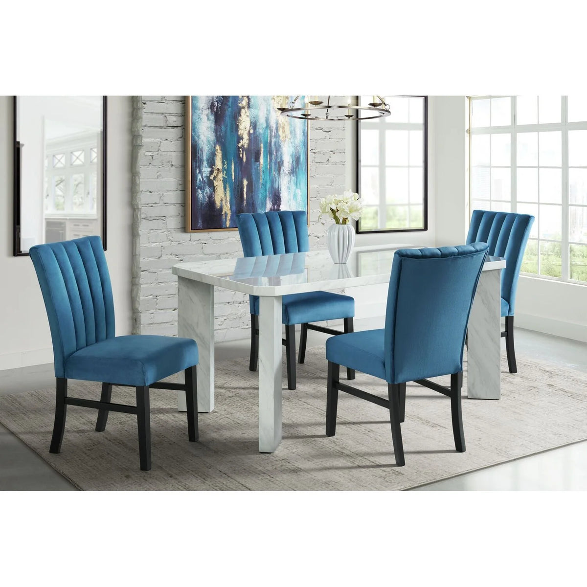 White 5PC Dining Set with Navy Blue Velvet Chairs O1629