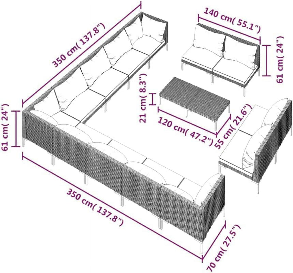 14 Piece Patio Lounge Set with Cushions Poly Rattan Dark Gray P1562