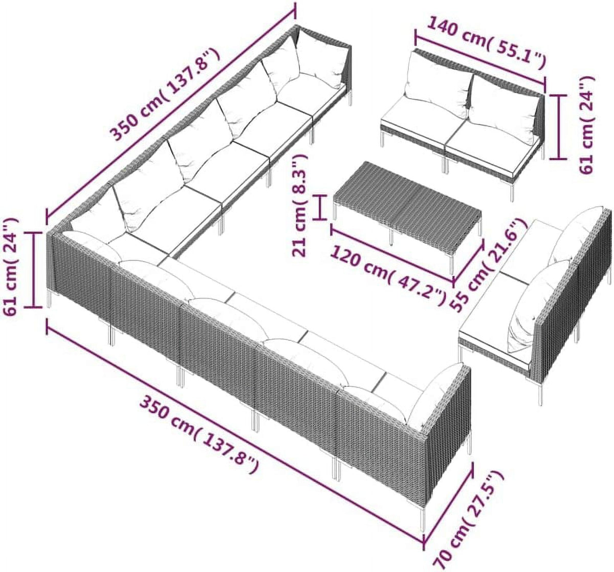 14 Piece Patio Lounge Set with Cushions Poly Rattan Dark Gray P1562