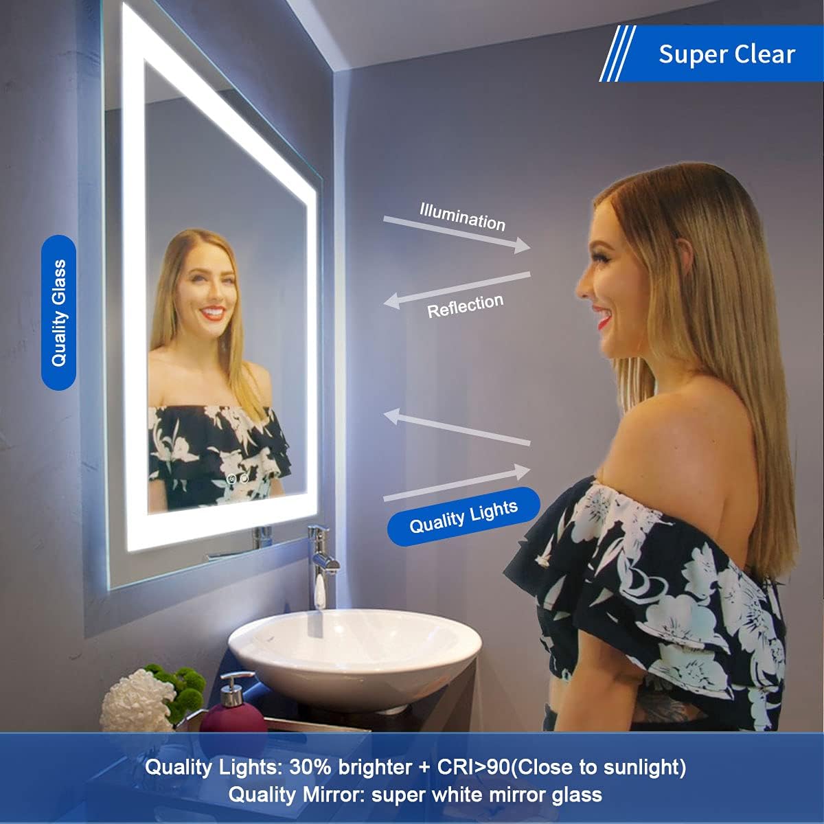 Dimmable LED Bathroom Mirror with Anti-Fog and Bluetooth Function T140309