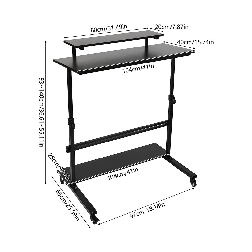 Rolling Laptop Desk Stand Up Workstation with 2 Shelves Adjustable Height S2205