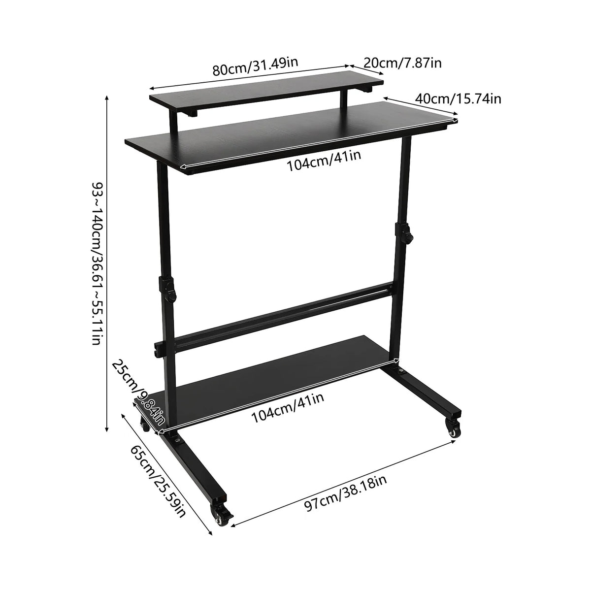 Rolling Laptop Desk Stand Up Workstation with 2 Shelves Adjustable Height S2205